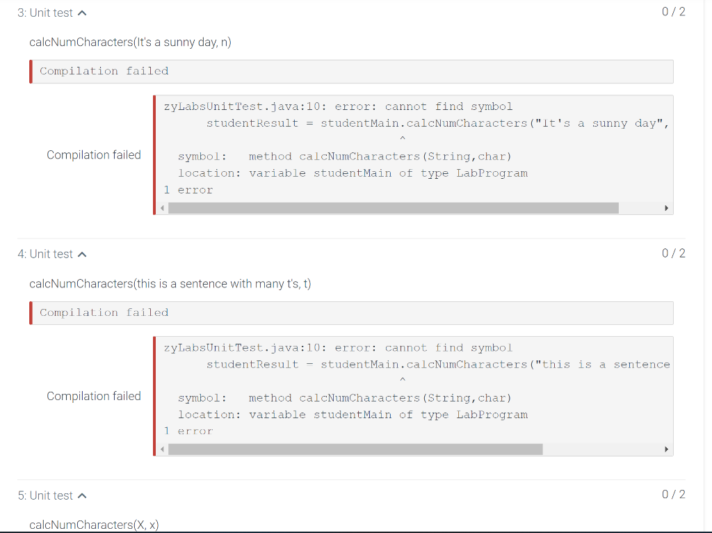 3: Unit test \( \boldsymbol{\wedge} \)
\( 0 / 2 \)
calcNumCharacters(Its a sunny day, n)
Compilation failed
\begin{tabular}{
