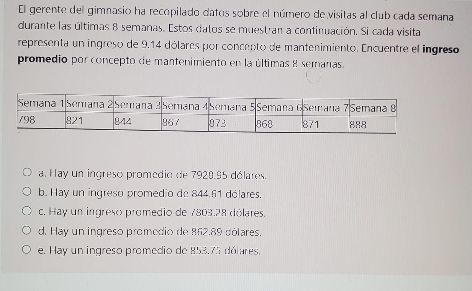 El gerente del gimnasio ha recopilado datos sobre el número de visitas al club cada semana durante las últimas 8 semanas. Est