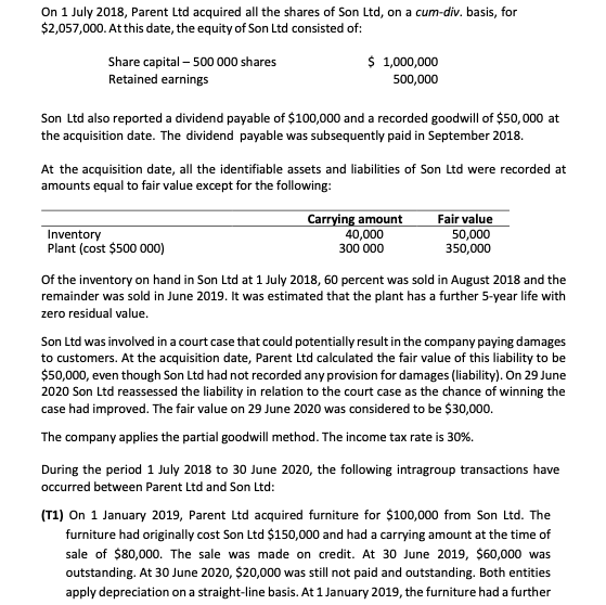 On 1 July 2018, Parent Ltd acquired all the shares of | Chegg.com