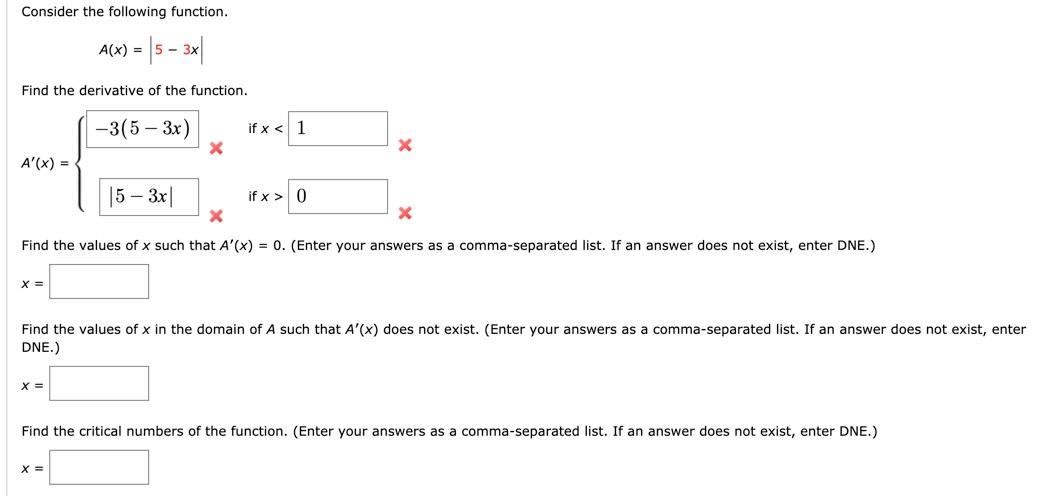 Solved Consider the following function. A(x) = | 5 – 3x) | Chegg.com
