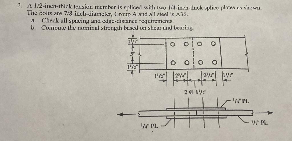 Solved 2. A 1/2-inch-thick tension member is spliced with | Chegg.com