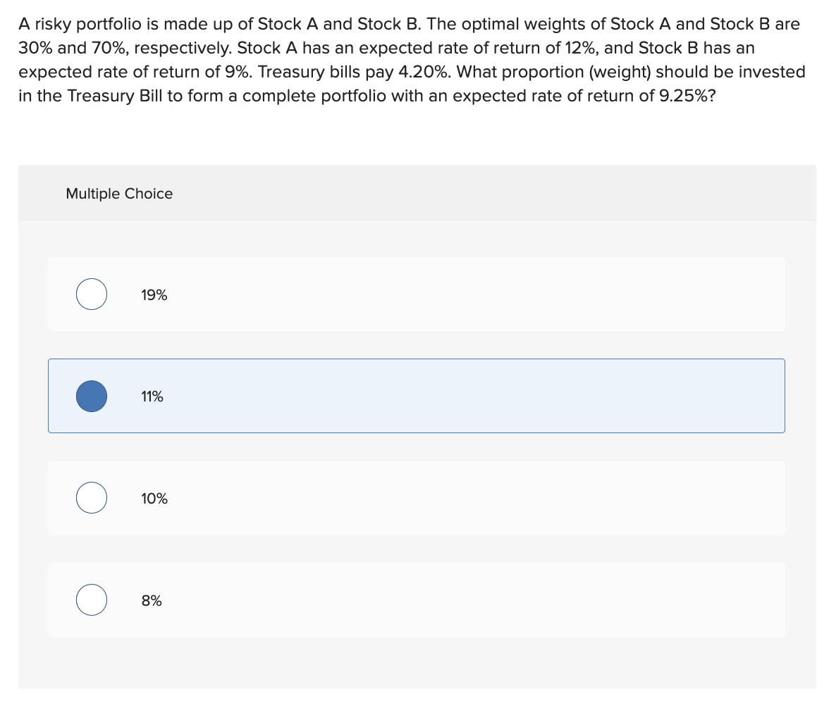 A risky portfolio is made up of Stock \( A \) and Stock B. The optimal weights of Stock \( A \) and Stock B are \( 30 \% \) a