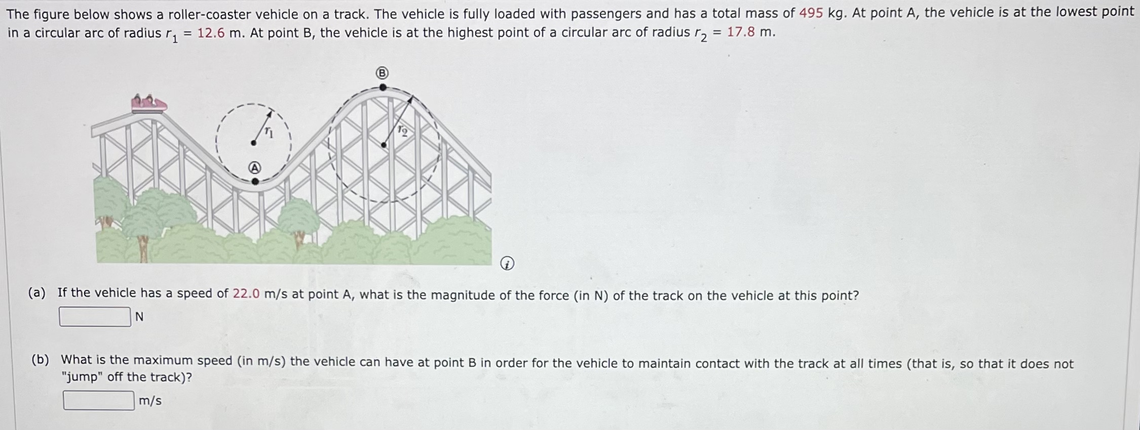 Solved The figure below shows a roller-coaster vehicle on a | Chegg.com