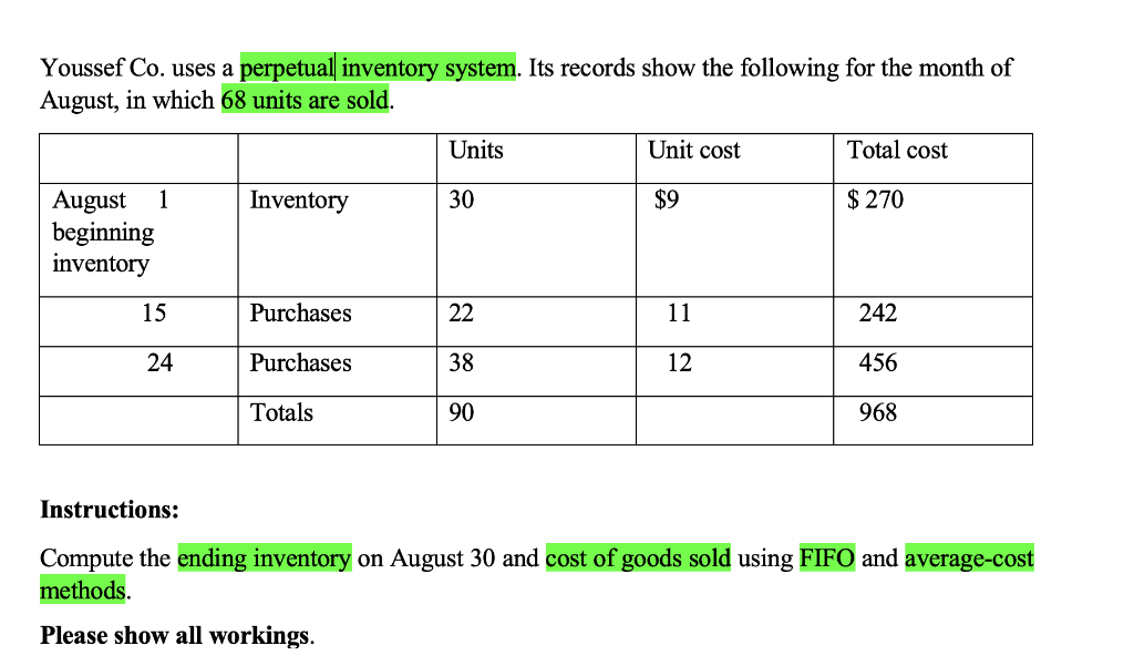 Youssef Co. uses a perpetual inventory system. Its records show the following for the month of August, in which 68 units are