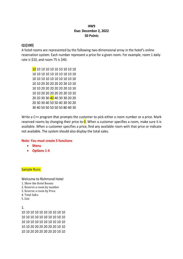 Solved HW9 Due: December 2, 2022 50 Points Q1[100] A Hotel | Chegg.com