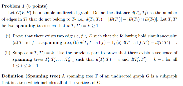 Solved Problem 1 (5 points) Let G(V,E) be a simple | Chegg.com
