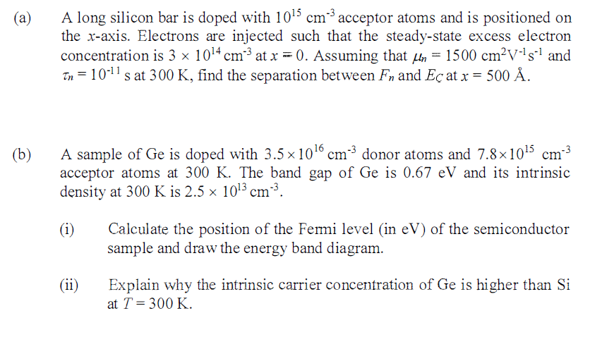 Solved (a) A long silicon bar is doped with 10¹5 cm³ | Chegg.com