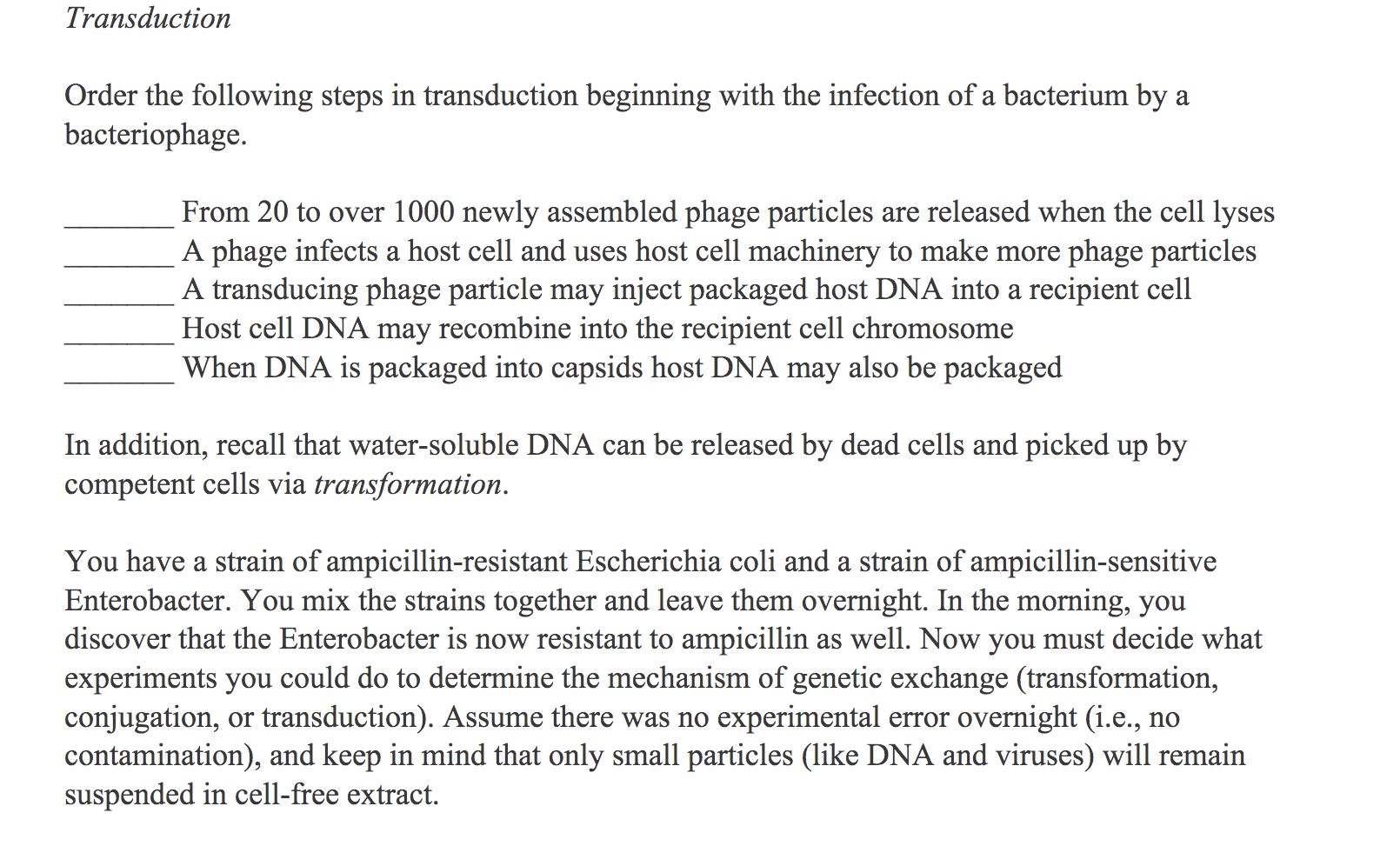 Solved Horizontal Gene Transfer Conjugation Order the | Chegg.com