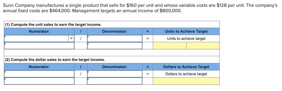 Sunn Company manufactures a single product that sells for $160 per unit and whose variable costs are $128 per unit. The compa