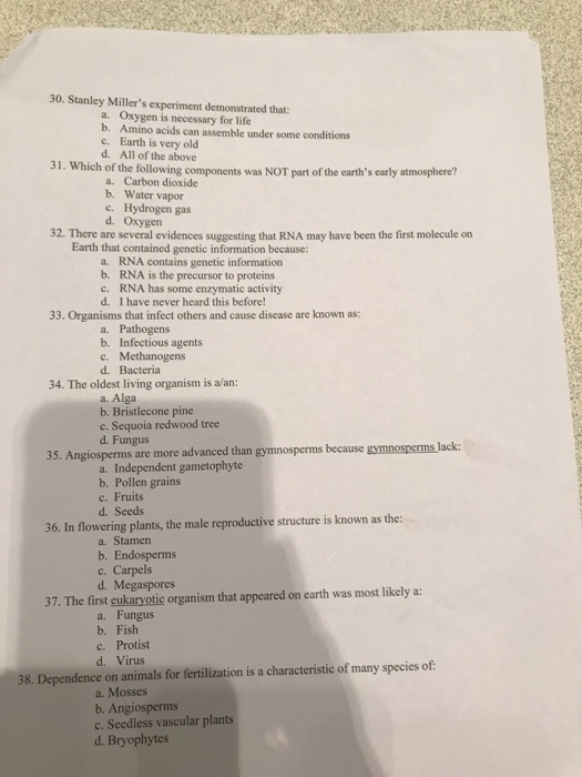 Solved 30. Stanley Miller's experiment demonstrated that | Chegg.com
