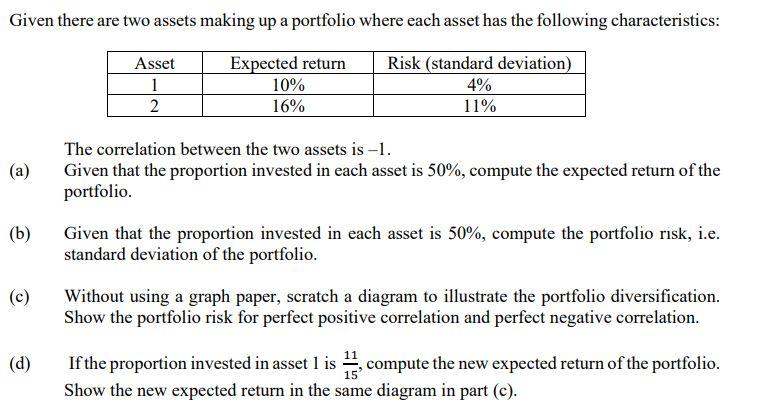 Solved Given there are two assets making up a portfolio | Chegg.com