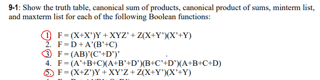 Solved 9 1 Show The Truth Table Canonical Sum Of Products