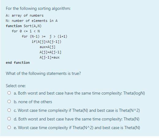 Solved For the following sorting algorithm: A: array of | Chegg.com