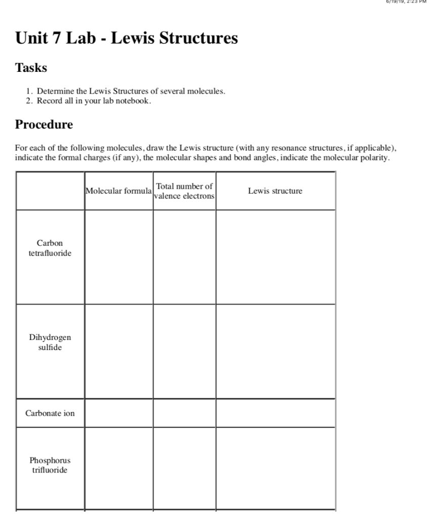 Lab Lewis Structure Solved Unit 7 Lab - Lewis Structures Tasks 1. Determine the | Chegg.com