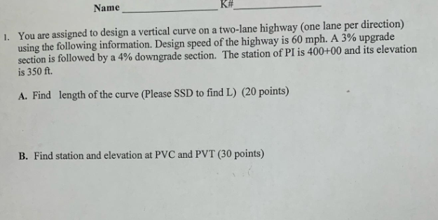 Solved Name You are assigned to design a vertical curve on a | Chegg.com