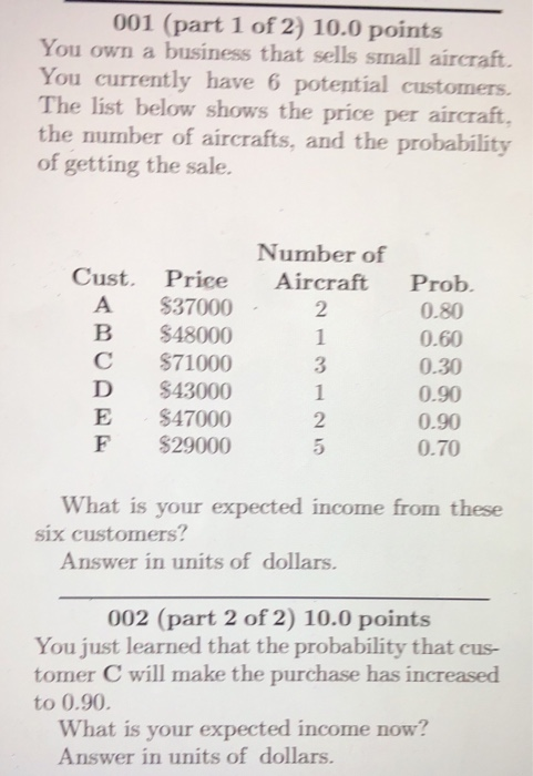 Solved 001 (part 1 of 2) 10.0 points You own a business that | Chegg.com