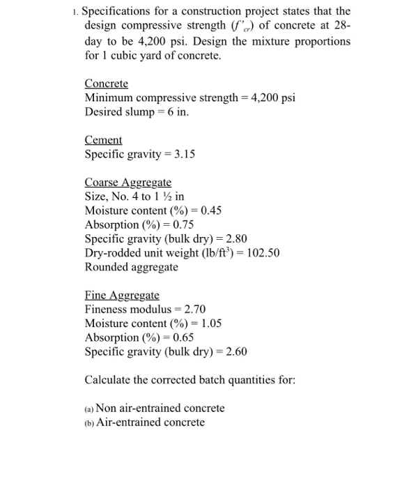 Solved 1. Specifications for a construction project states | Chegg.com