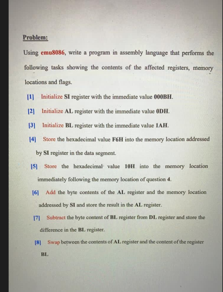 Solved Problem: Using Emu8086, Write A Program In Assembly | Chegg.com