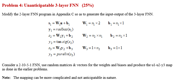 Problem 4: Unanticipatable 3-layer FNN (25%) Modify the 2-layer FNN program in Appendix C so as to generate the input-output