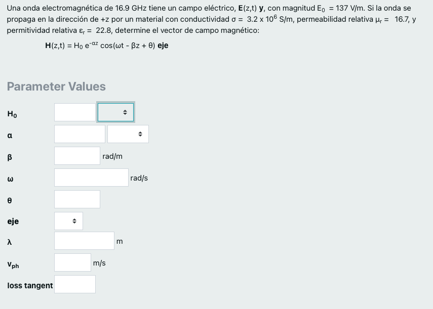 Una onda electromagnética de 16.9 GHz tiene un campo eléctrico, E(z,t) y, con magnitud Ep = 137 V/m. Si la onda se propaga en
