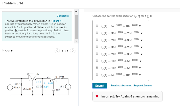 Solved Problem 8.14 Choose the correct expression for vo(t) | Chegg.com