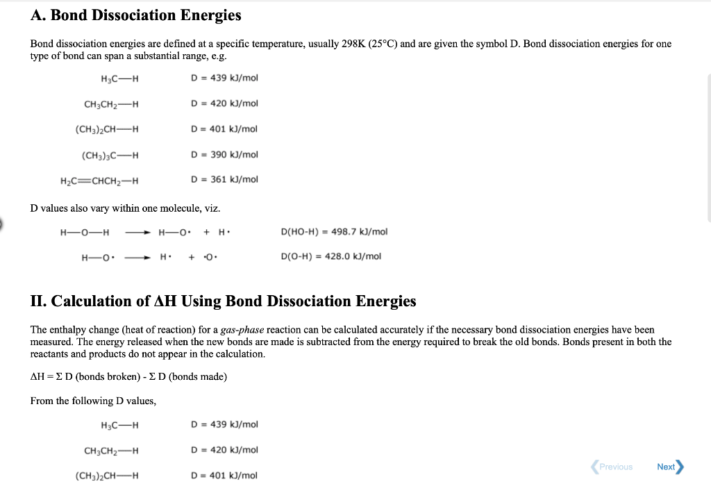 Solved A. Bond Dissociation Energies Bond Dissociation | Chegg.com