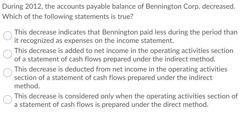 Solved During 2012, the accounts payable balance of | Chegg.com