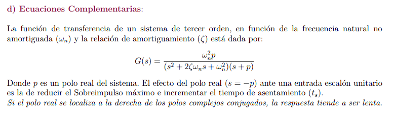 d) Ecuaciones Complementarias: La función de transferencia de un sistema de tercer orden, en función de la frecuencia natura