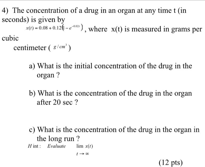 Solved The concentration of a drug in an organ at any time t
