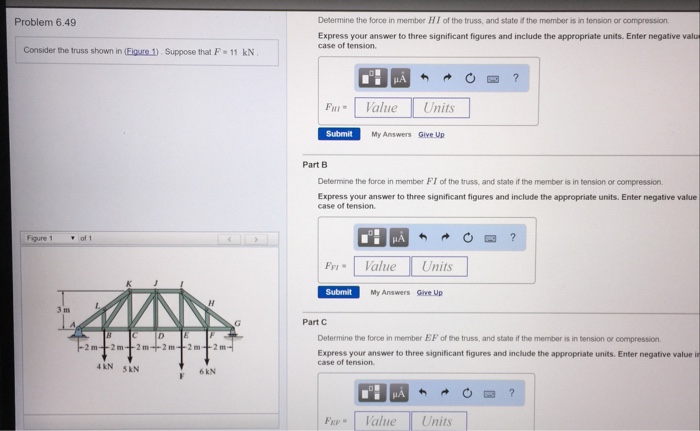 Solved Problem 6.49 Determine the force in member HI of the | Chegg.com