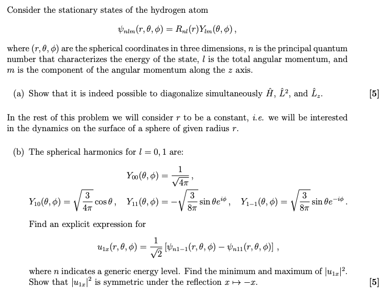 Solved Consider the stationary states of the hydrogen atom | Chegg.com