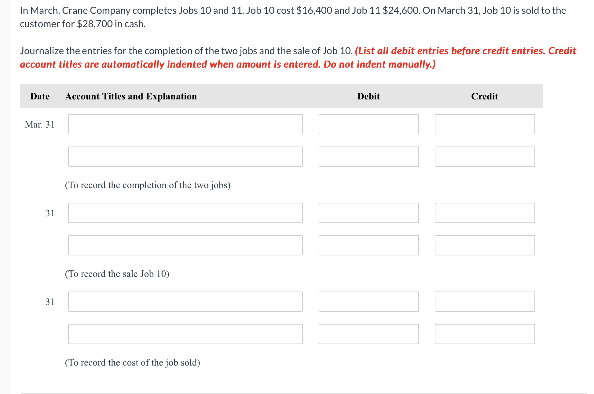 Solved In March, Crane Company completes Jobs 10 and 11 .
