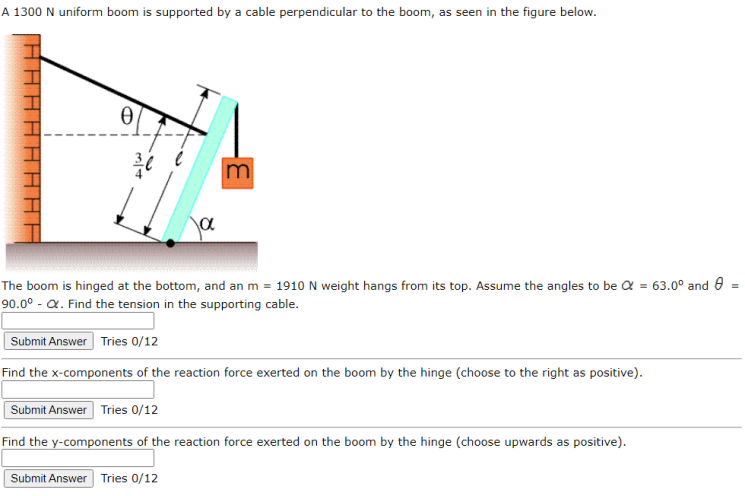 Solved The boom is hinged at the bottom, and an m=1910 N | Chegg.com