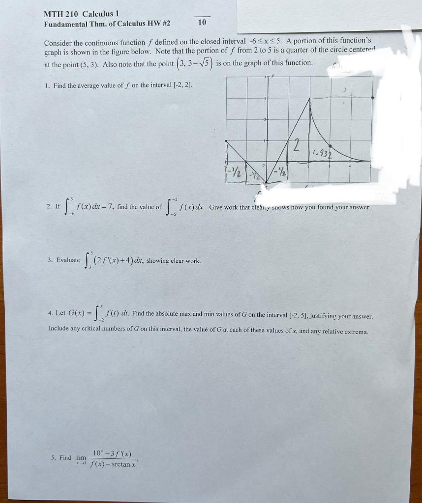 Solved MTH 210 Calculus 1 Fundamental Thm. of Calculus HW #2 | Chegg.com