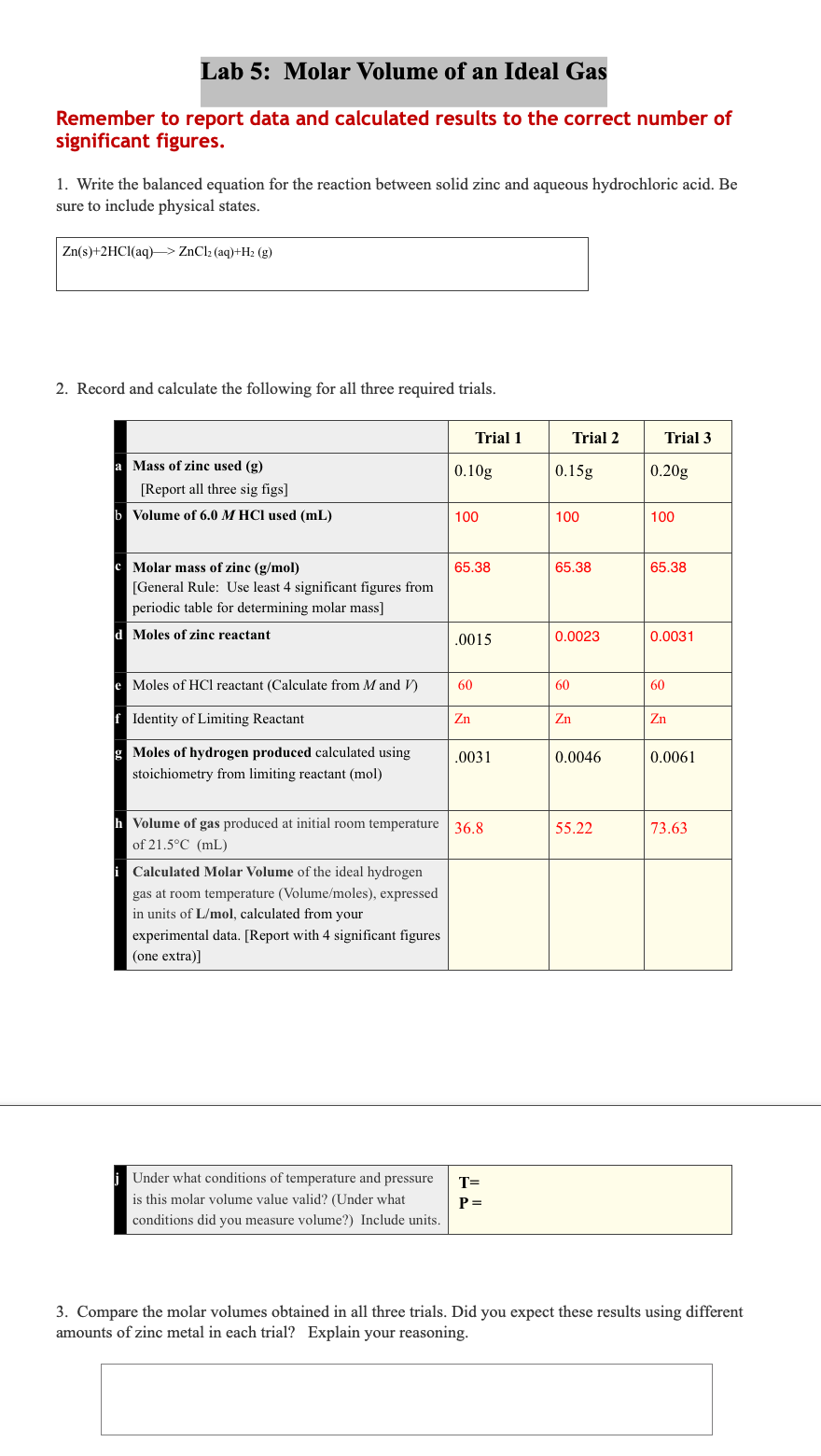Solved Lab 5 Molar Volume of an Ideal Gas Remember to