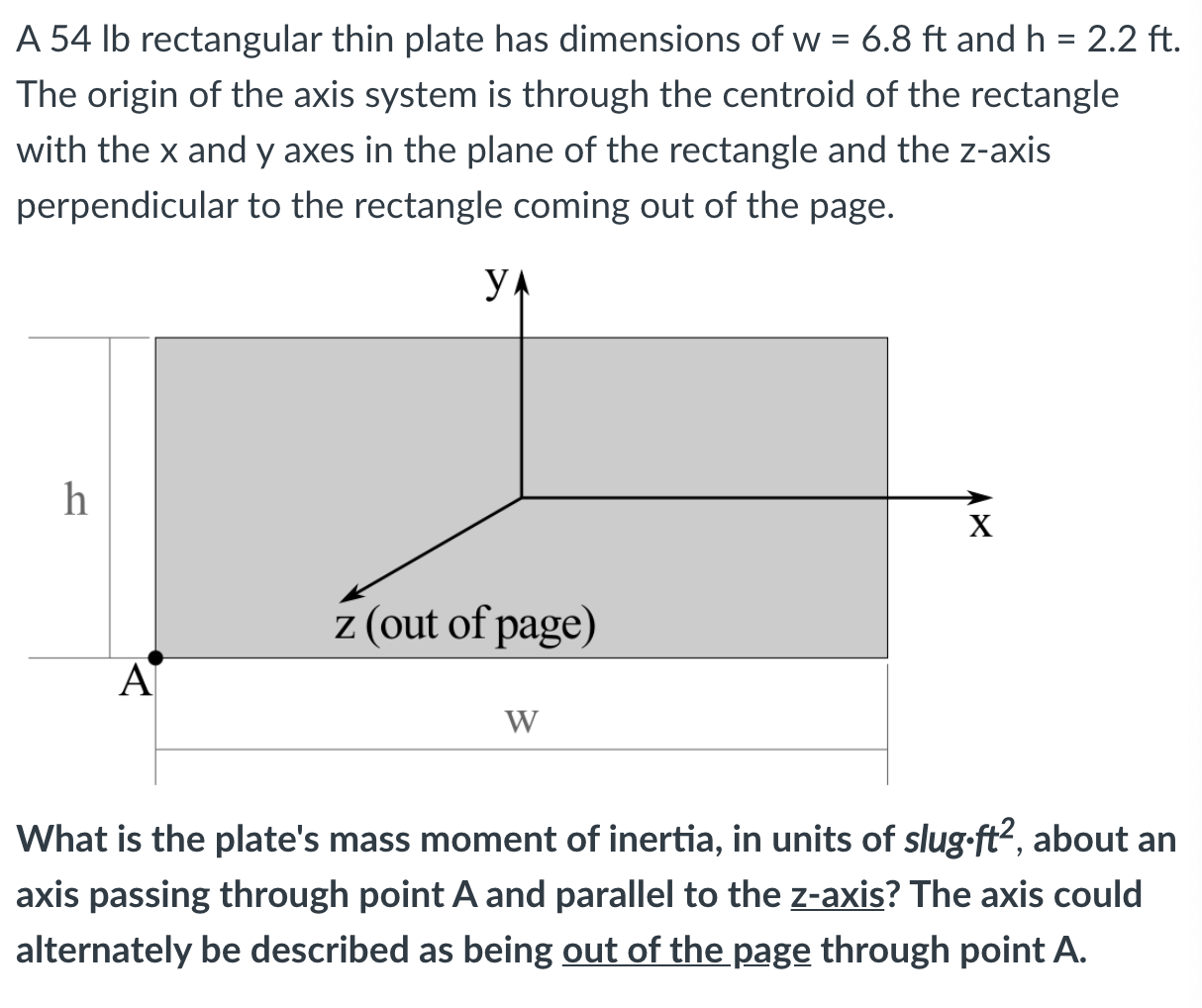 Solved A 54 lb rectangular thin plate has dimensions of w = | Chegg.com