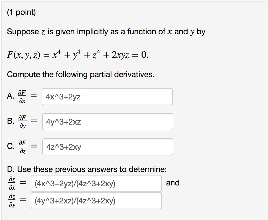 Solved (1 point) Suppose z is given implicitly as a function | Chegg.com