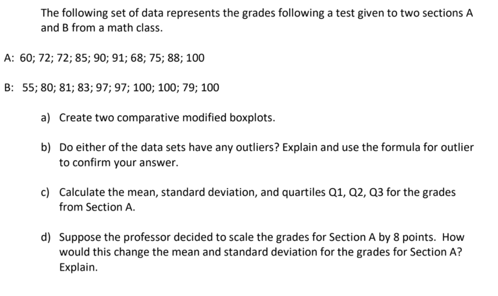 Solved The following set of data represents the grades | Chegg.com