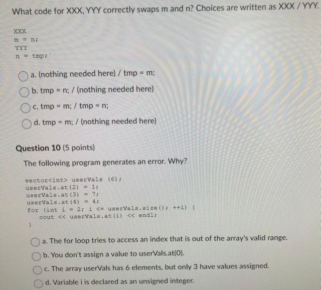 Solved What code for XXX,YYY correctly swaps m and n ? | Chegg.com