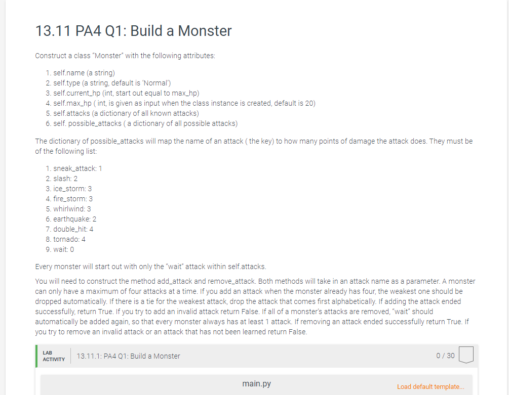 Solved 13.11 PA4 01: Build a Monster Construct a class | Chegg.com