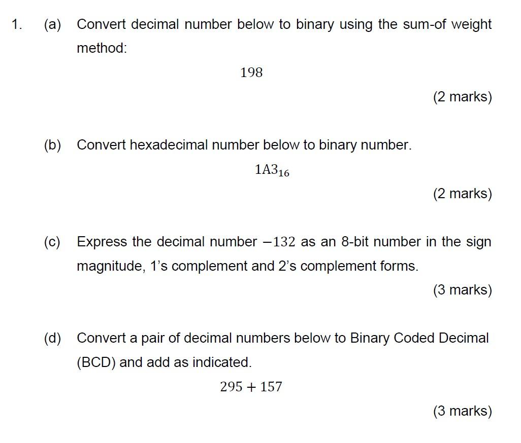 Solved 1. (a) Convert Decimal Number Below To Binary Using | Chegg.com