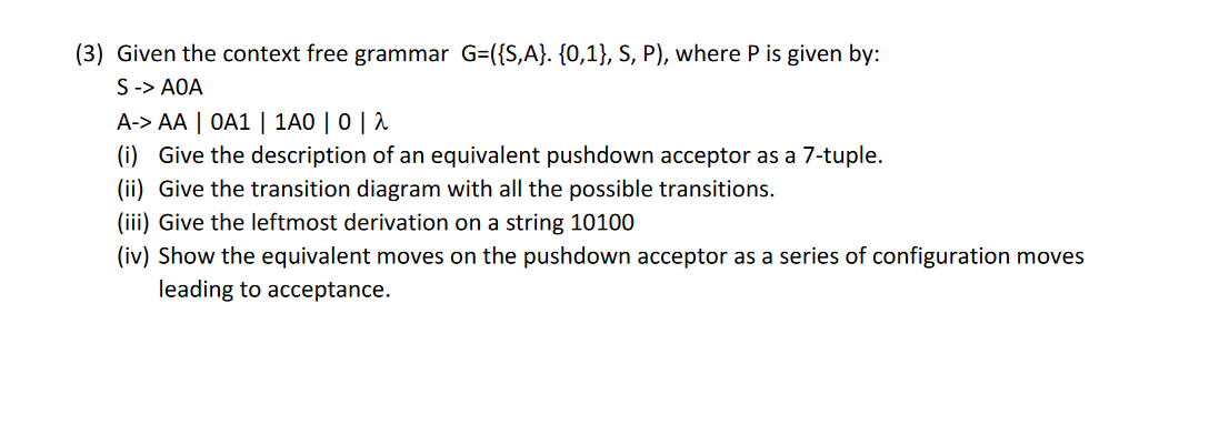 (3) Given the context free grammar G=({S,A}. {0,1}, | Chegg.com