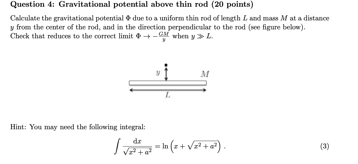 Solved Question 4: Gravitational potential above thin rod | Chegg.com