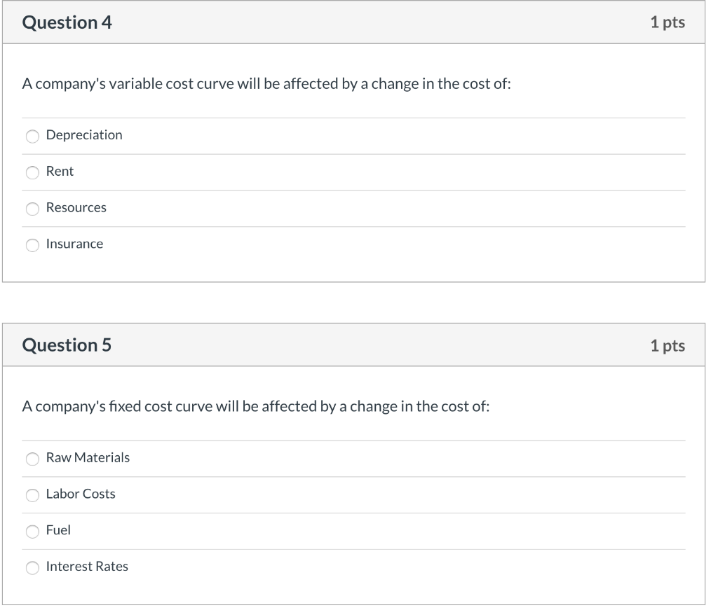 Solved Question 4 1 pts A company's variable cost curve will