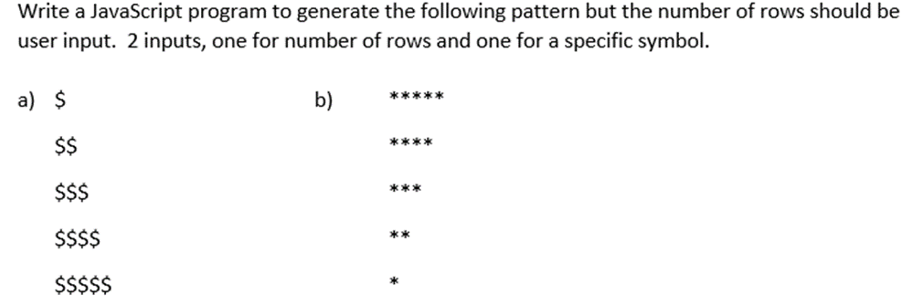 Solved Write a JavaScript program to generate the following | Chegg.com