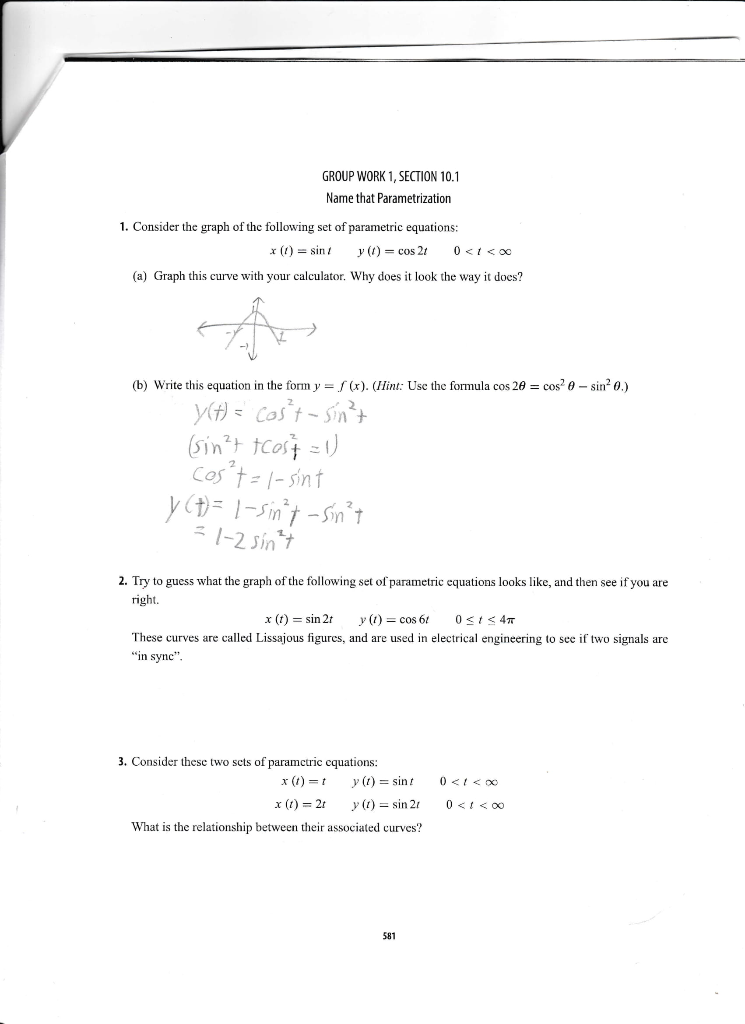 Solved GROUP WORK 1, SECTION 10.1 Name that Parametrization | Chegg.com