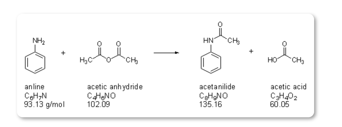 HN CH anline CBH N 93.13 g/mol acetic anhydride CHENO 102.09 acetanilide CH...