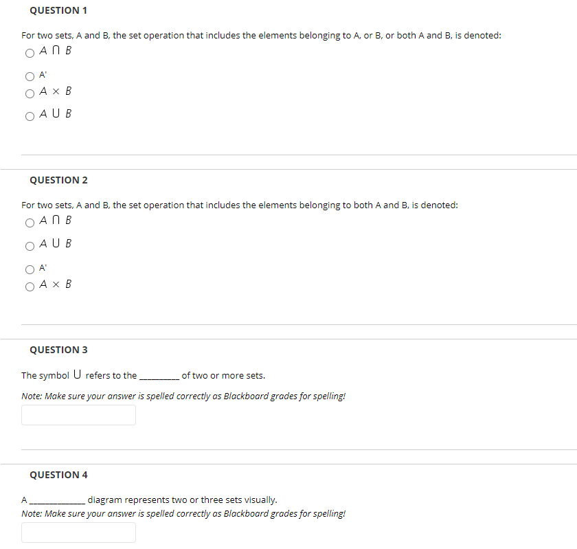 Solved QUESTION 1 For two sets, A and B, the set operation | Chegg.com