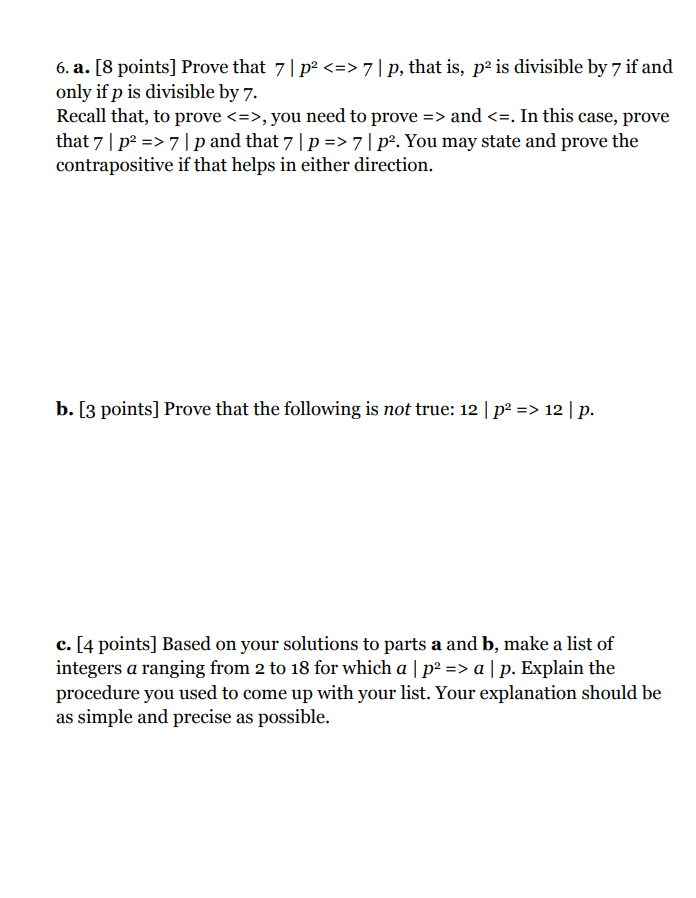Solved 6. a. [8 points] Prove that 7 | p2 7 | p, that | Chegg.com