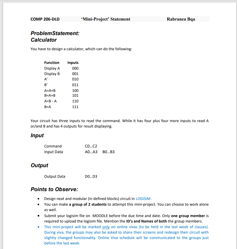 Solved COMP 206-DLD Mini-Project Statement Rabranea Bqa | Chegg.com